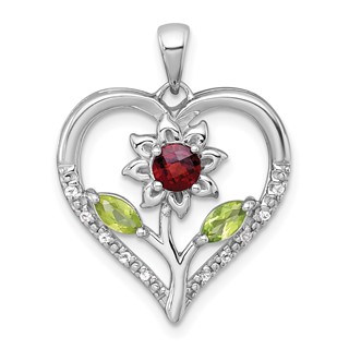 "Sterling Silver Rhodium-plated Polished Garnet, Peridot and White Topaz Flower in Heart Pendant"