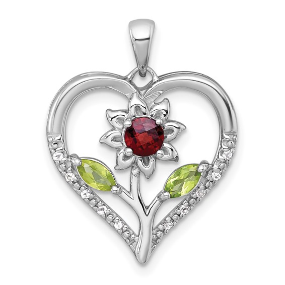 "Sterling Silver Rhodium-plated Polished Garnet, Peridot and White Topaz Flower in Heart Pendant"