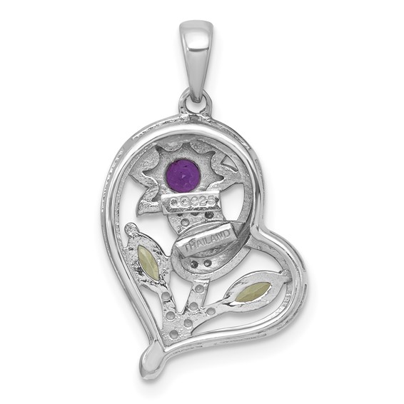 "Sterling Silver Rhodium-plated Polished Amethyst, Peridot and White Topaz Flower in Heart Pendant"