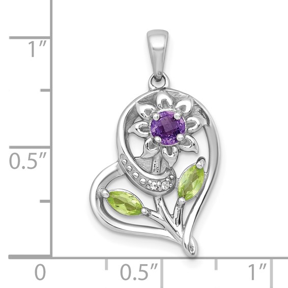 "Sterling Silver Rhodium-plated Polished Amethyst, Peridot and White Topaz Flower in Heart Pendant"