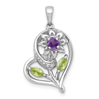"Sterling Silver Rhodium-plated Polished Amethyst, Peridot and White Topaz Flower in Heart Pendant"