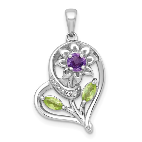 "Sterling Silver Rhodium-plated Polished Amethyst, Peridot and White Topaz Flower in Heart Pendant"