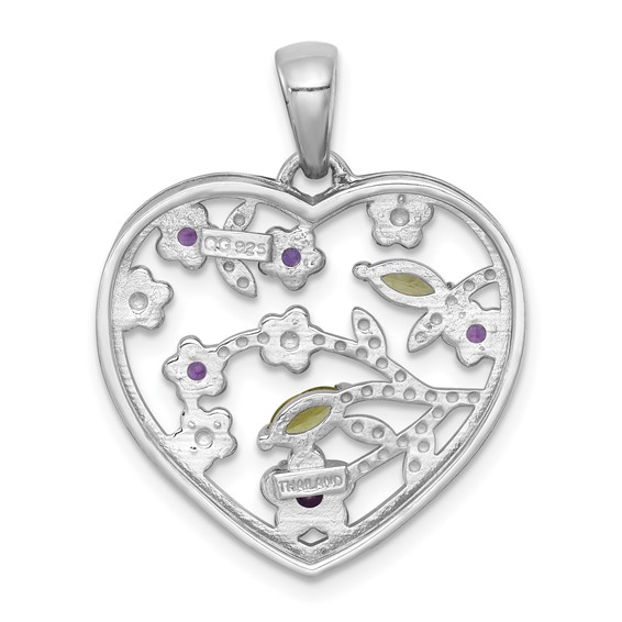 Sterling Silver Rhodium-plated Polished Amethyst and Peridot Flowers in Heart Pendant