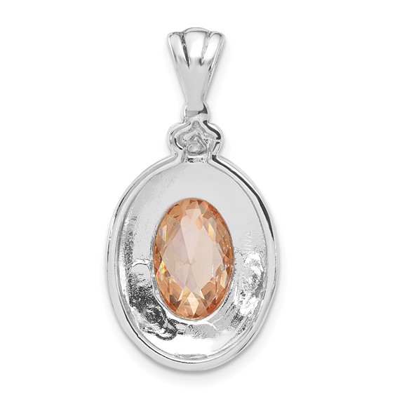 Sterling Silver Polished & Antiqued Oval Champagne CZ Pendant
