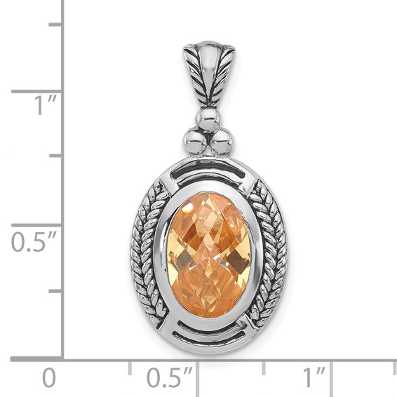 Sterling Silver Polished & Antiqued Oval Champagne CZ Pendant
