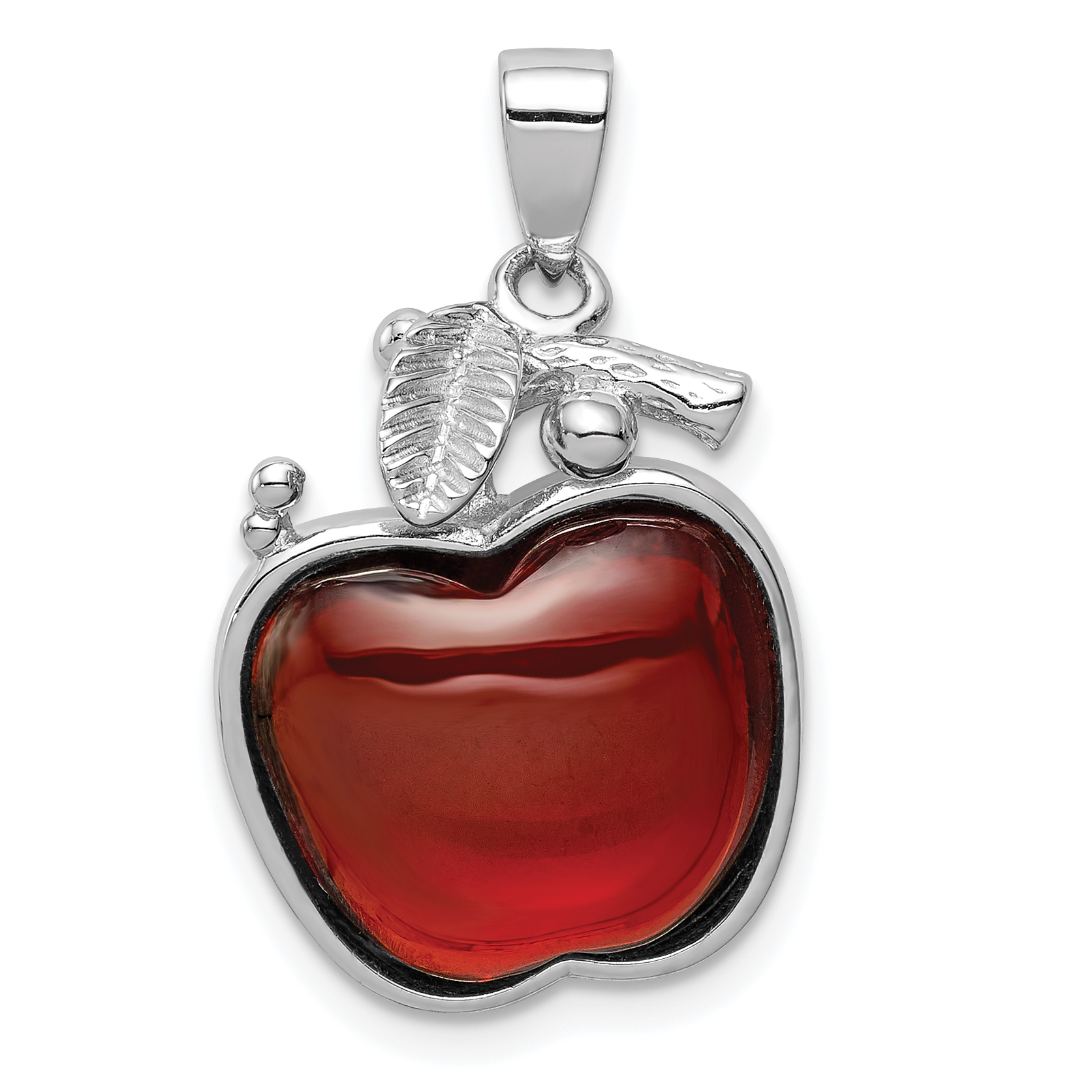 Sterling Silver Rhodium-plated Red CZ Cabochon Apple Pendant (QP661)