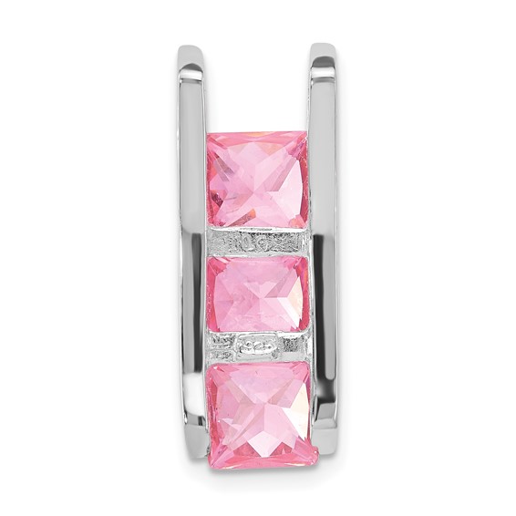 Sterling Silver Polished 3-Stone Square Pink CZ Chain Slide Pendant