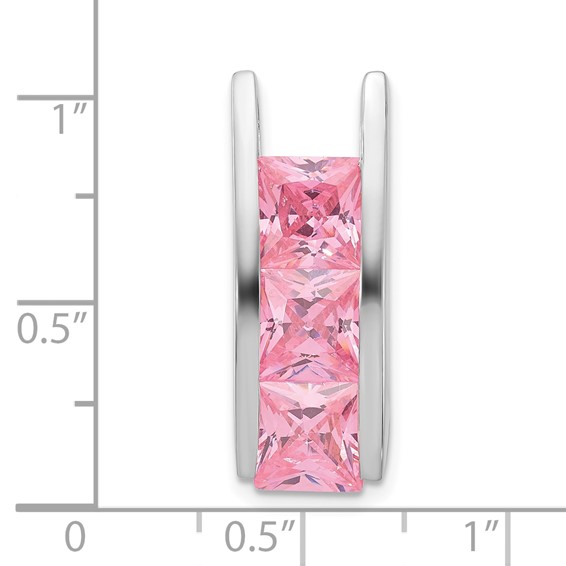 Sterling Silver Polished 3-Stone Square Pink CZ Chain Slide Pendant