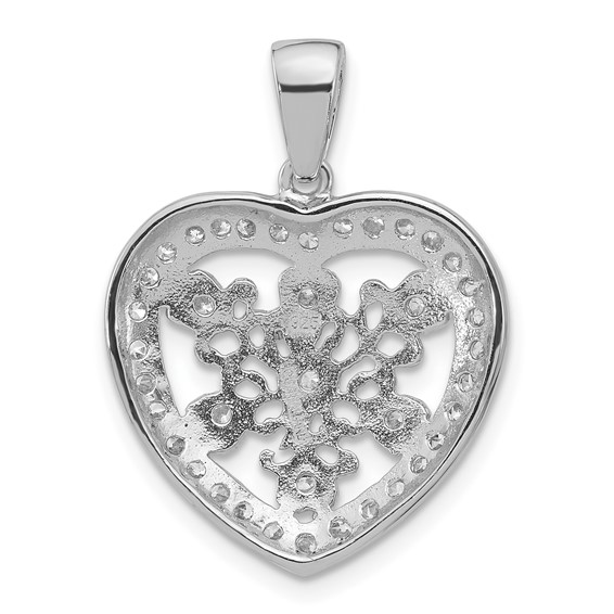 Sterling Silver Polished & Textured CZ Fancy Heart Pendant