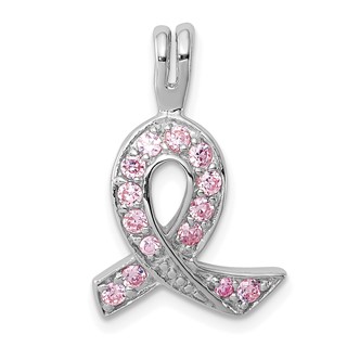Sterling Silver Rhodium-plated Pink CZ Awareness Ribbon Pendant