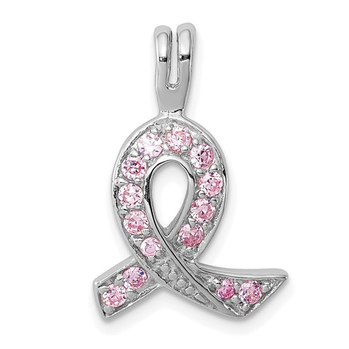 Sterling Silver Rhodium-plated Pink CZ Awareness Ribbon Pendant