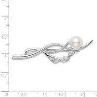 Sterling Silver Rhodium-plated Clear CZ and 9-10mm White Freshwater Cultured Pearl Brooch Pin view 3