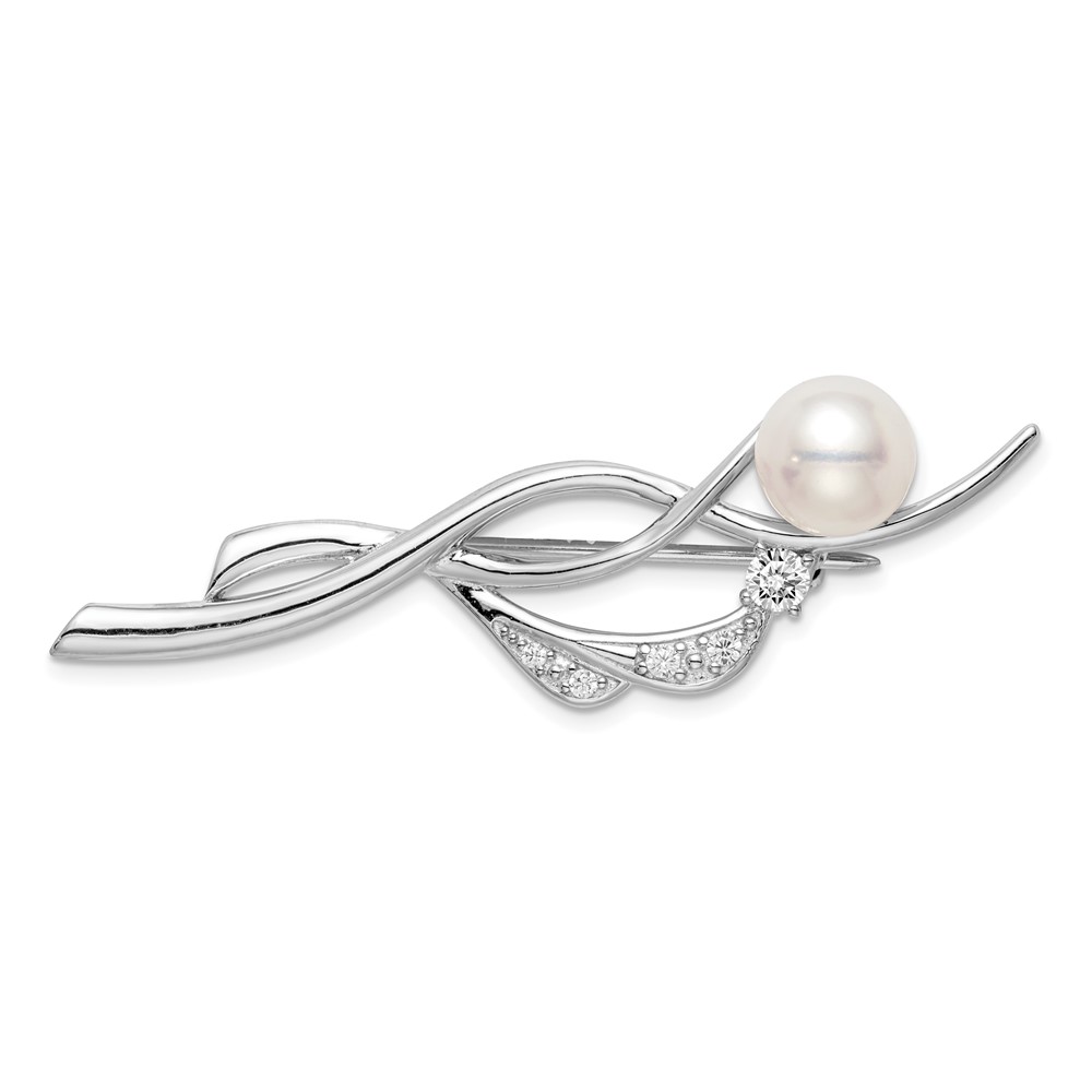 Sterling Silver Rhodium-plated Clear CZ and White Freshwater Cultured Pearl Pin Brooch (QP883)