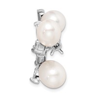 Sterling Silver Rhodium-plated 6-9mm White Rice Freshwater Cultured Pearl and CZ Floral Brooch Pin view 2