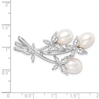 Sterling Silver Rhodium-plated 6-9mm White Rice Freshwater Cultured Pearl and CZ Floral Brooch Pin view 3
