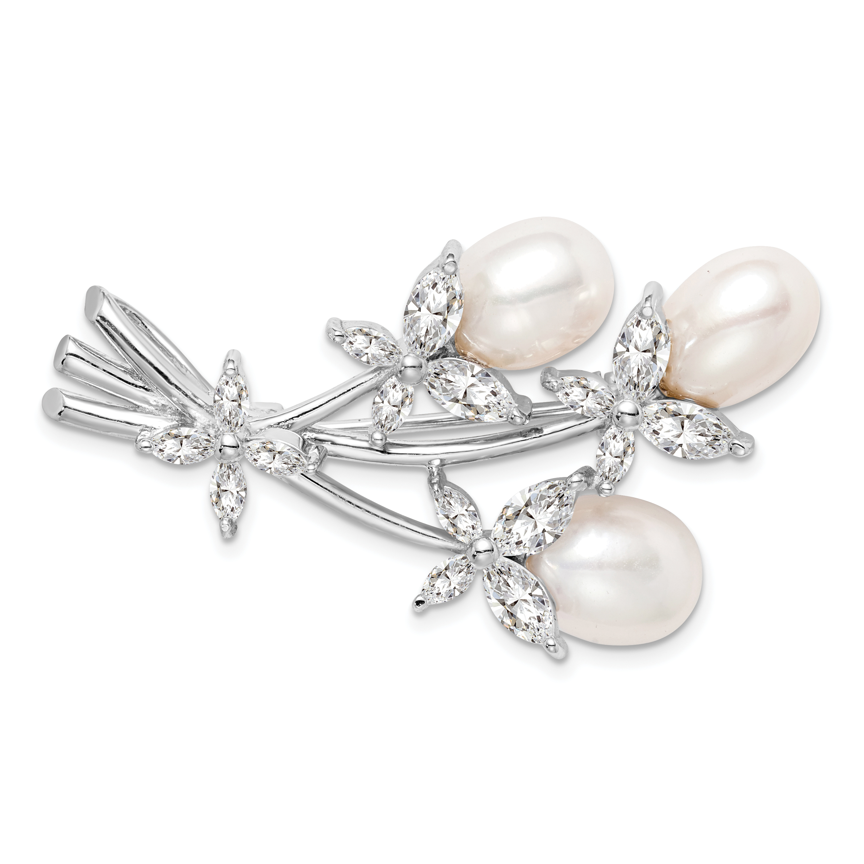 Sterling Silver Rhodium-plated Freshwater Cultured Pearl and CZ Floral Pin Brooch (QP884)