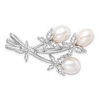 Sterling Silver Rhodium-plated 6-9mm White Rice Freshwater Cultured Pearl and CZ Floral Brooch Pin view 1