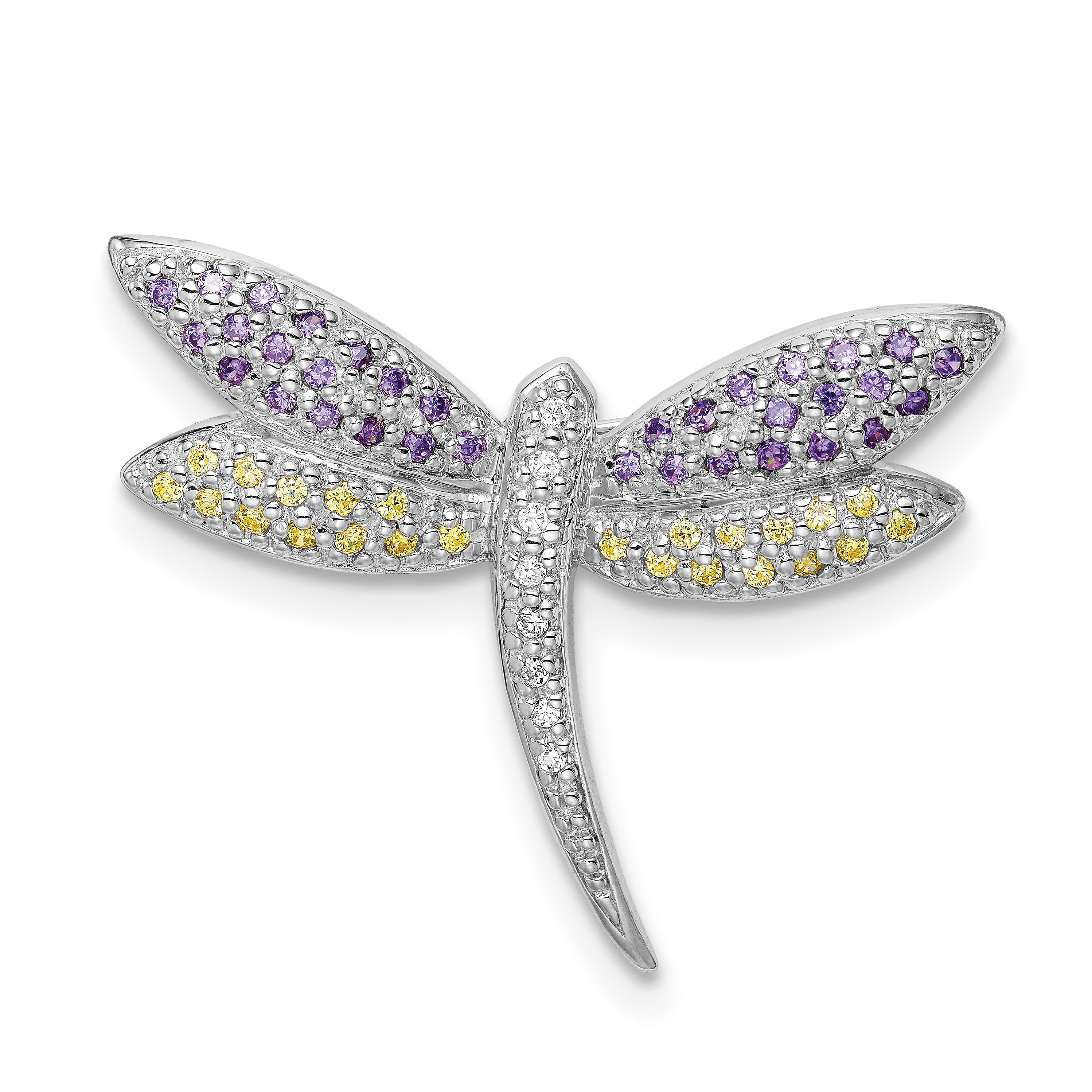 Sterling Silver Rhodium-plated Purple, Yellow & Clear CZ Dragonfly Pin (QP888)