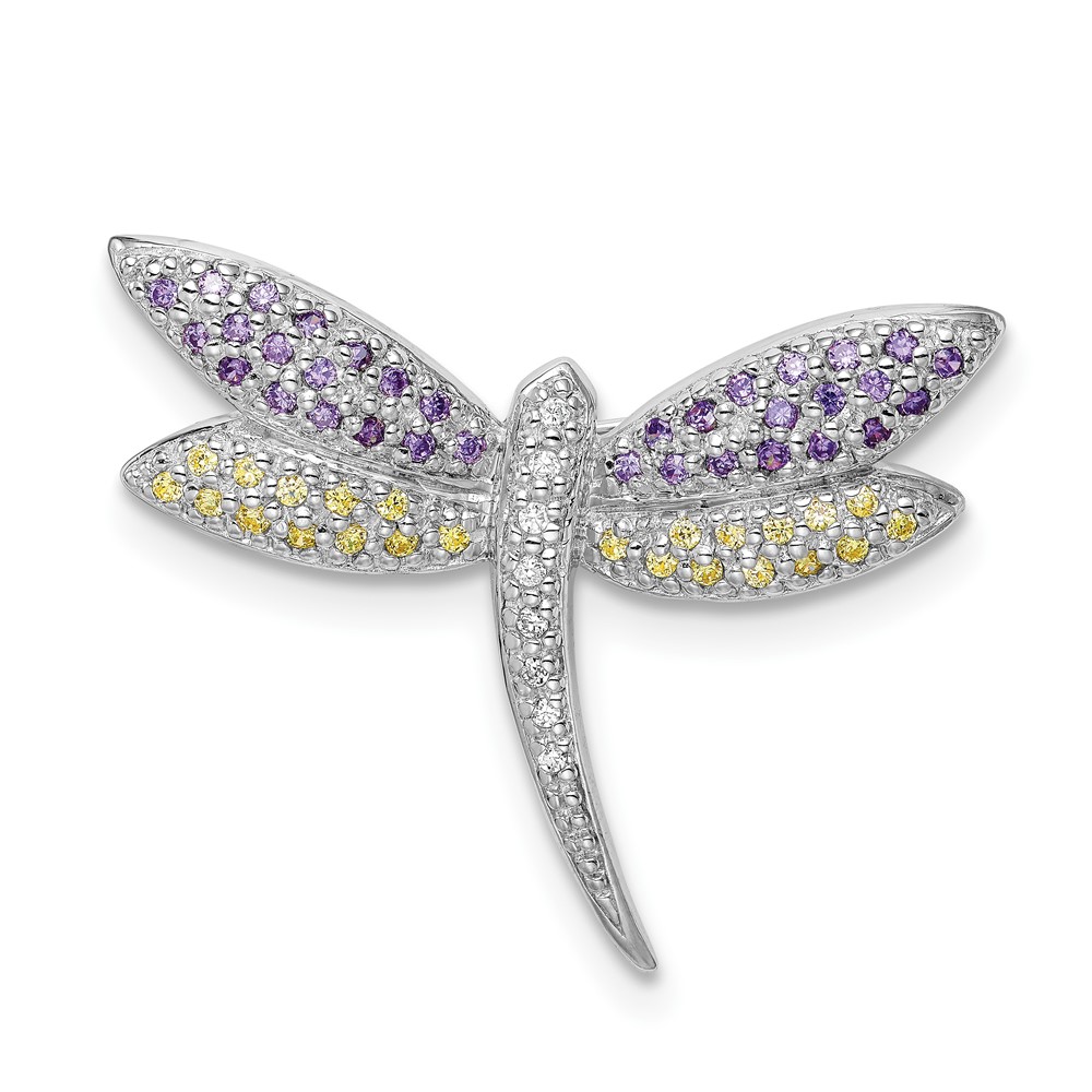 Sterling Silver Rhodium-plated Purple, Yellow & Clear CZ Dragonfly Pin (QP888)