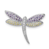 Sterling Silver Rhodium-plated Purple Yellow Clear CZ Dragonfly Brooch Pin view 1