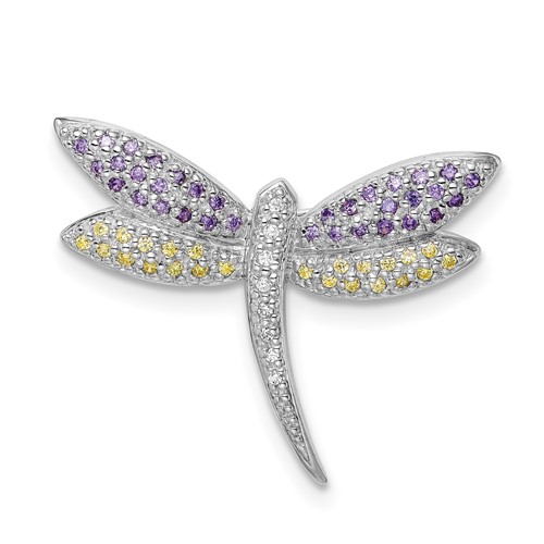 Sterling Silver Rhodium-plated Purple Yellow Clear CZ Dragonfly Brooch Pin