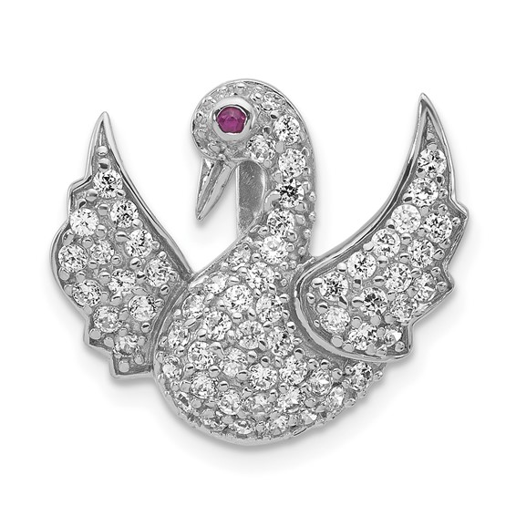 Sterling Silver Polished Pink & White CZ Swan Chain Slide Pendant