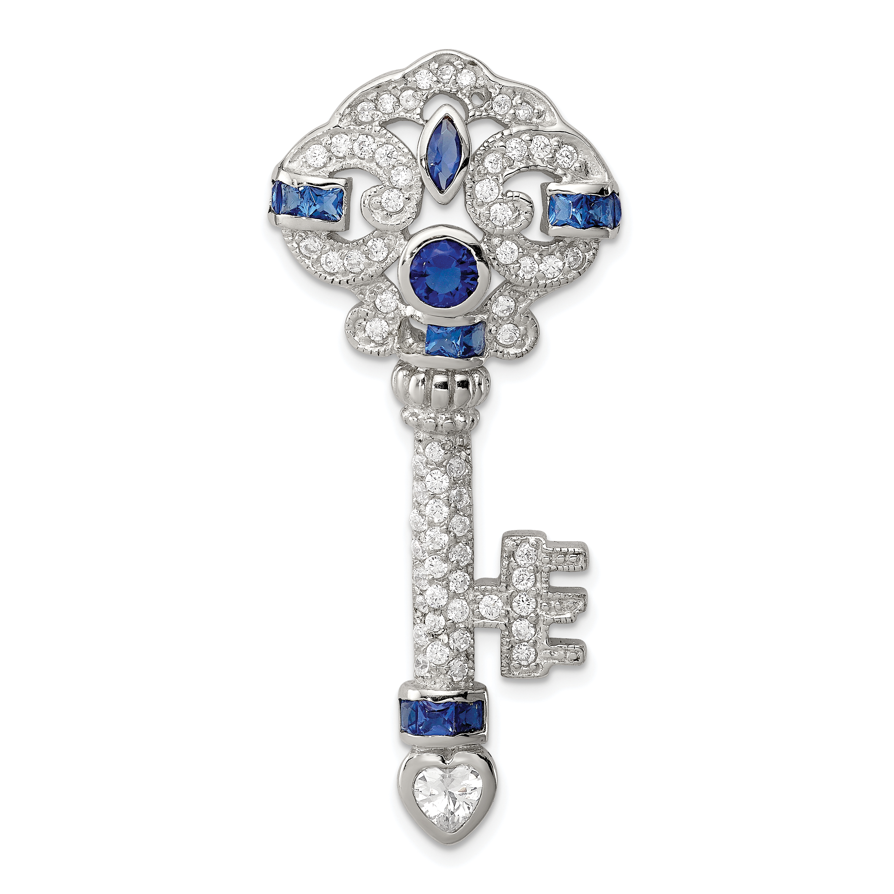 Sterling Silver Rhodium-plated Blue and Clear CZ Key Slide (QP949)
