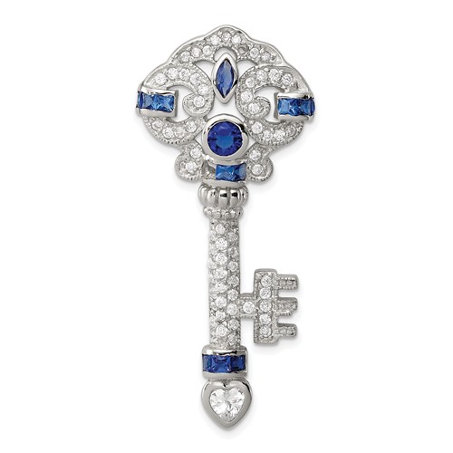 Sterling Silver Rhodium-plated Blue and Clear CZ Key Chain Slide Pendant