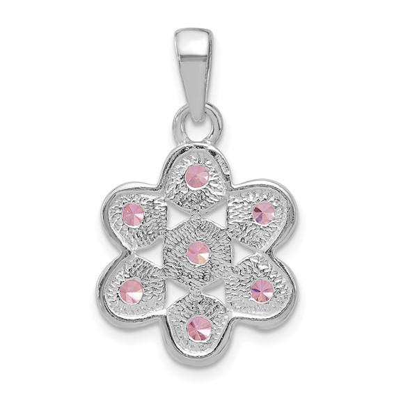 Sterling Silver Polished and Beaded Pink CZ Flower Pendant
