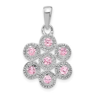 Sterling Silver Polished and Beaded Pink CZ Flower Pendant