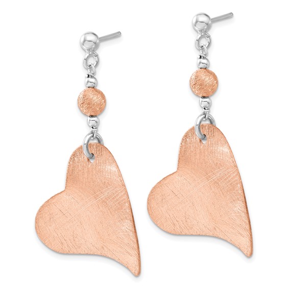 Sterling Silver & Pink Rhodium Textured Heart Dangle Earrings