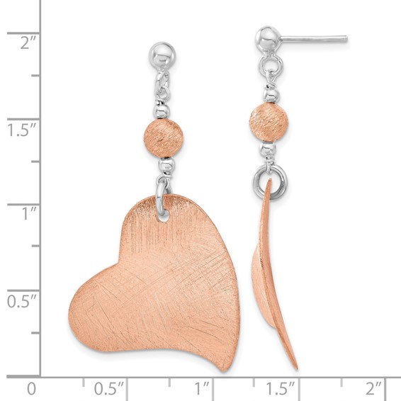 Sterling Silver & Pink Rhodium Textured Heart Dangle Earrings