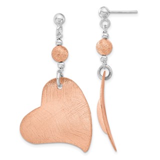 Sterling Silver & Pink Rhodium Textured Heart Dangle Earrings
