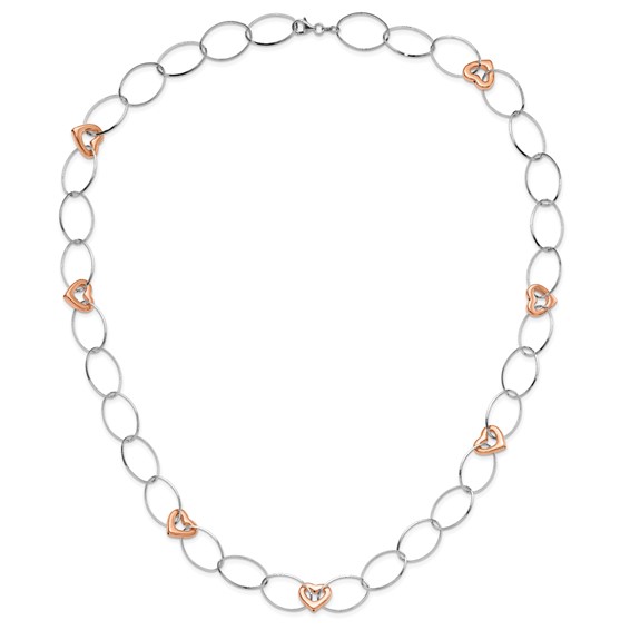 Sterling Silver & Rose-tone Rhodium Fancy Heart Link Necklace