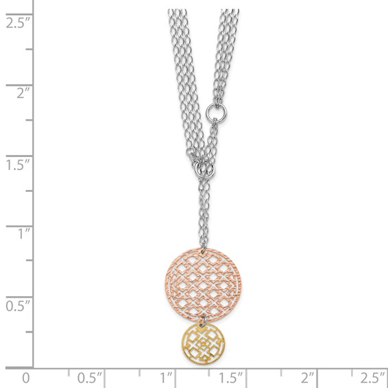 Sterling Silver w/ Yellow & Rose-tone Rhodium-plated Textured Circles Drop Necklace