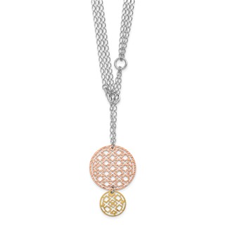 Sterling Silver w/ Yellow & Rose-tone Rhodium-plated Textured Circles Drop Necklace