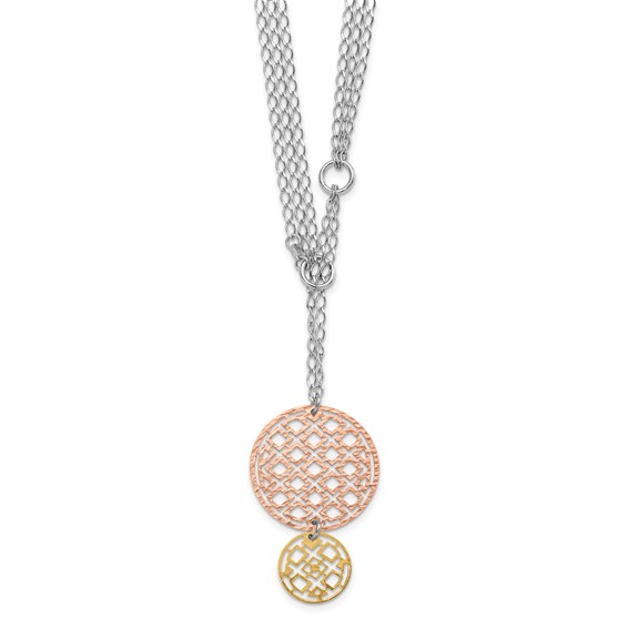 Sterling Silver w/ Yellow & Rose-tone Rhodium-plated Textured Circles Drop Necklace