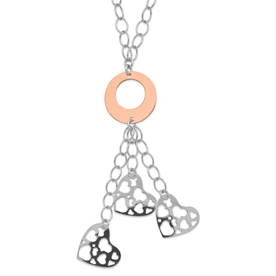 Sterling Silver Rhodium-plated Rose-tone Circle & Heart Y-Drop Necklace