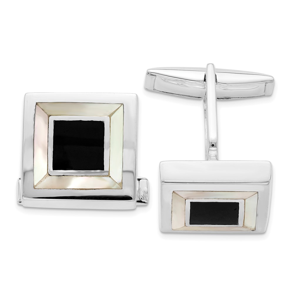 Sterling Silver Rhodium-plated Mother Of Pearl & Enamel Cufflinks (QQ570)