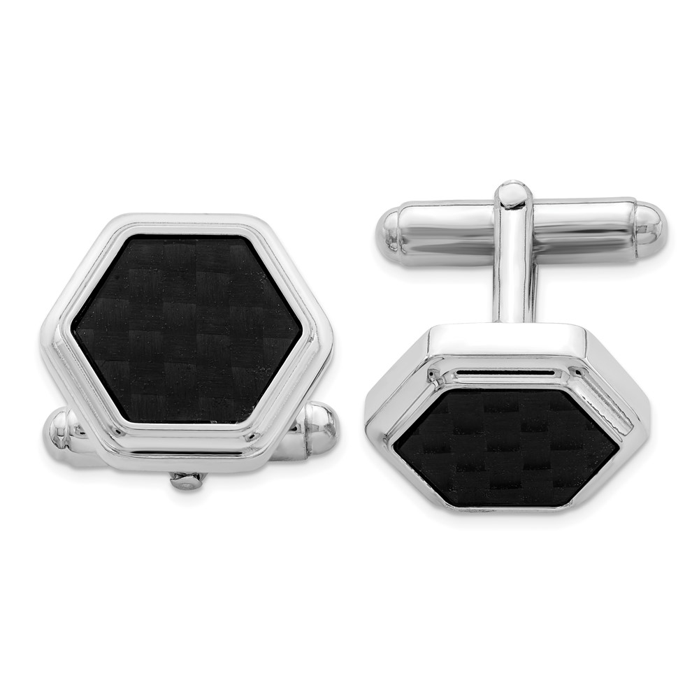 Sterling Silver Rhodium-plated Hexagon Black Carbon Fiber Cufflinks (QQ571)