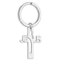 Sterling Silver Rhodium-plated Jesus Cross Key Ring view 1