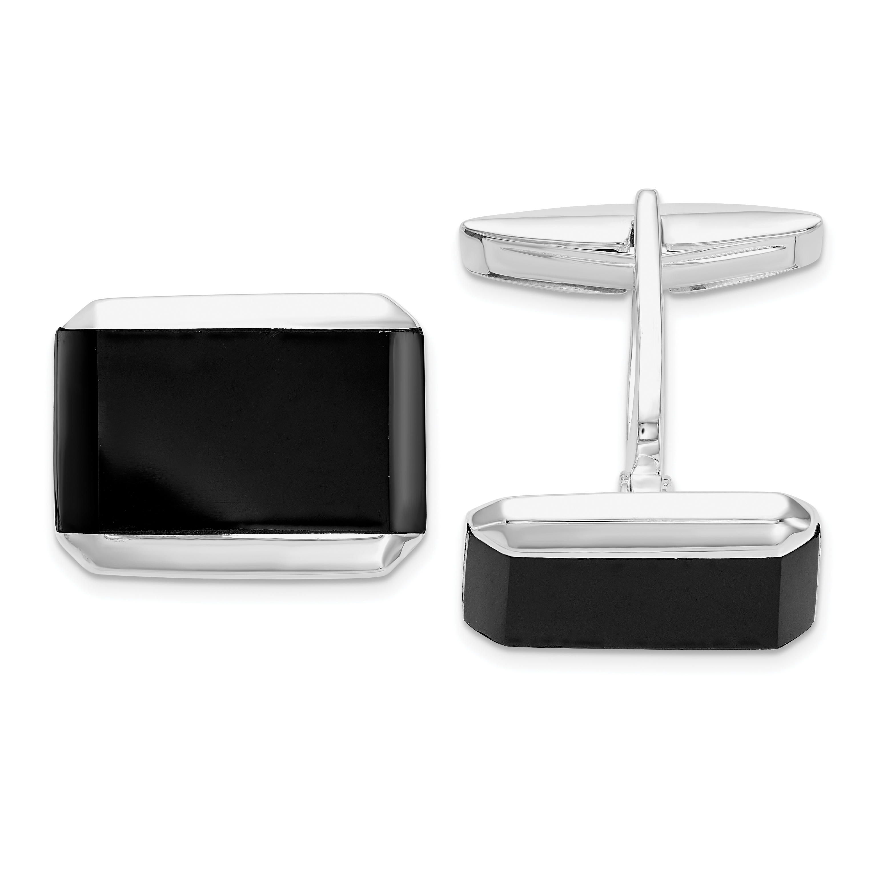 Sterling Silver Rhodium-plated Rectangle Onyx Cuff Links (QQ607)