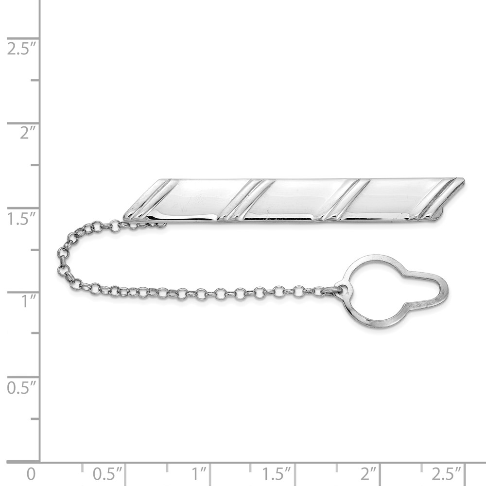 Sterling Silver Rhodium-plated Diagonal Stripes w/Button Chain Tie Bar (QQ626)