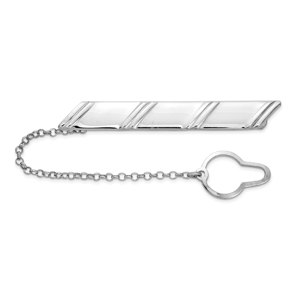 Sterling Silver Rhodium-plated Diagonal Stripes w/Button Chain Tie Bar (QQ626)