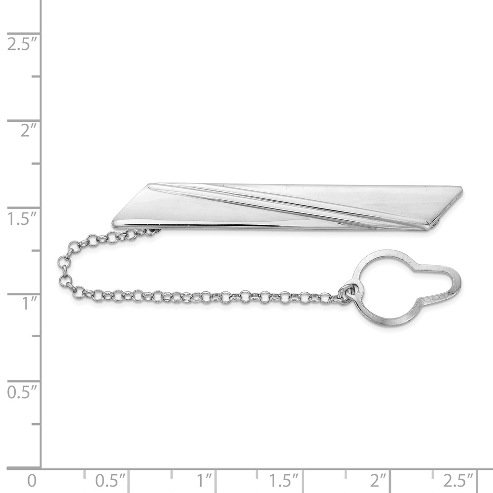Sterling Silver Rhodium-plated Stripe Design w/Button Chain Tie Bar (QQ627)