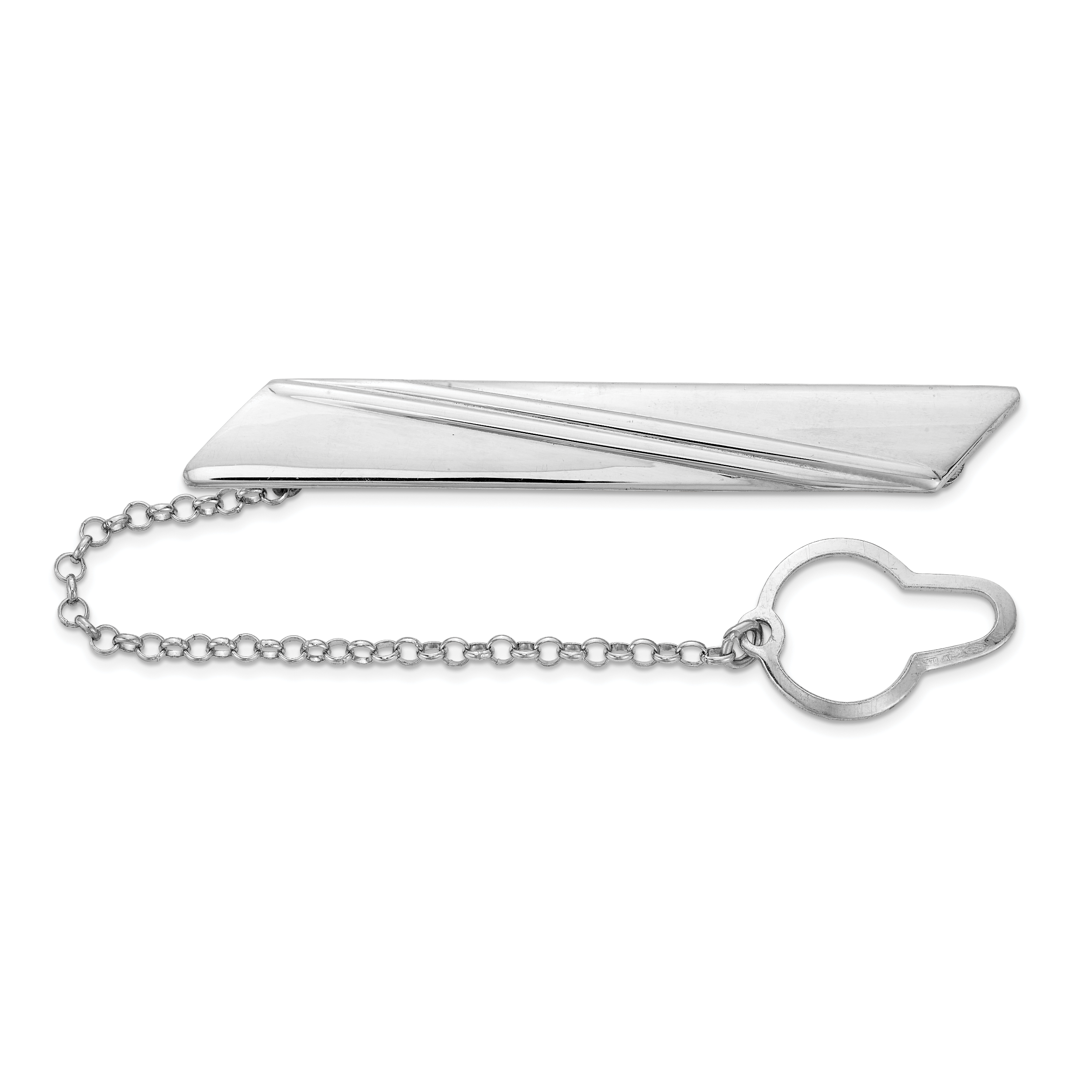 Sterling Silver Rhodium-plated Stripe Design w/Button Chain Tie Bar (QQ627)