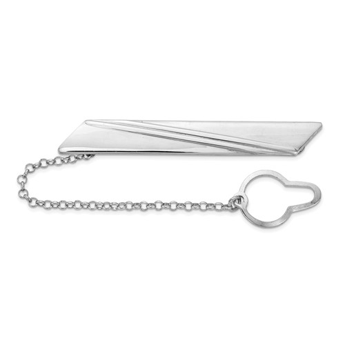 Sterling Silver Rhodium-plated Stripe Design with Button Chain Tie Bar