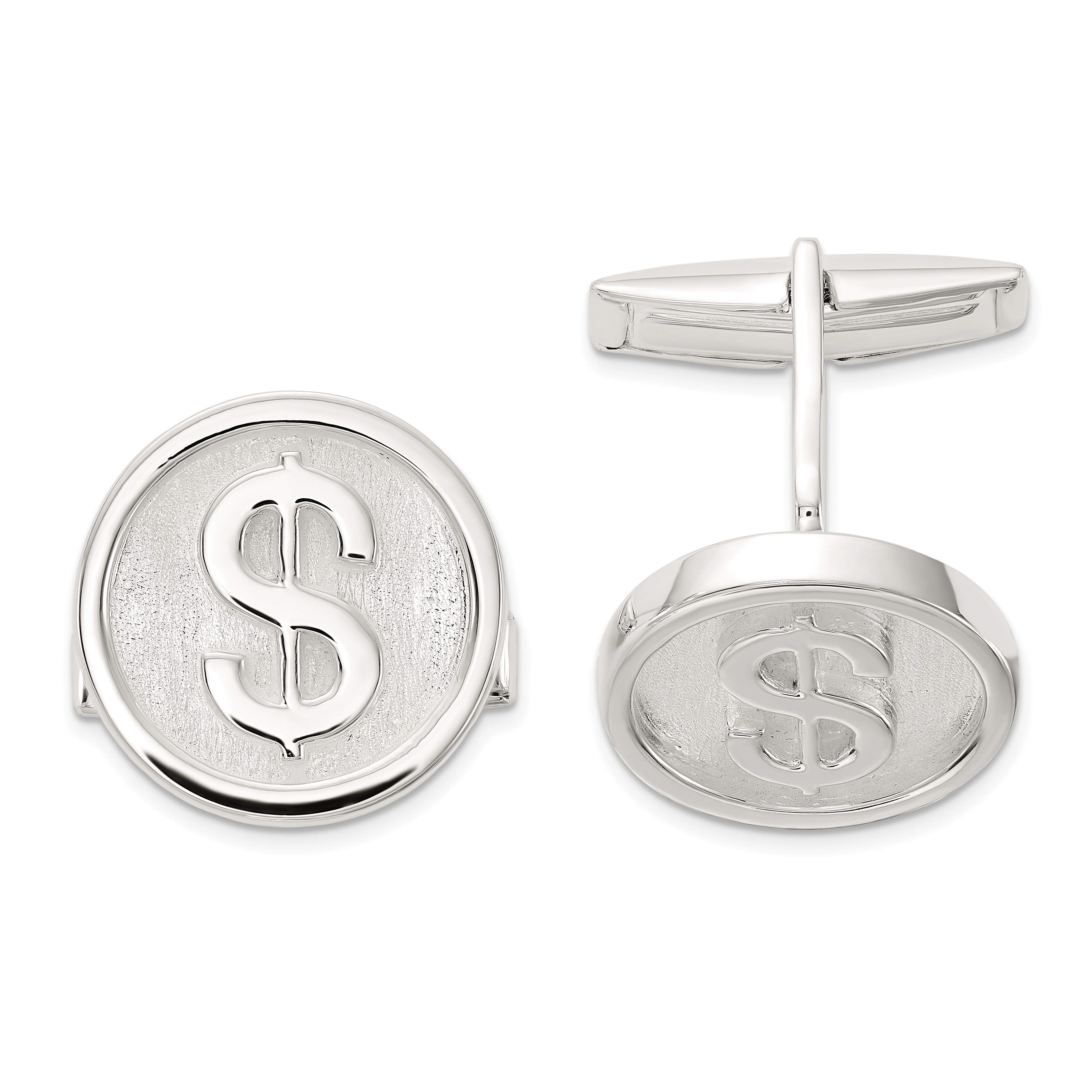 Sterling Silver Polished Round Dollar Sign Cuff Links (QQ643)