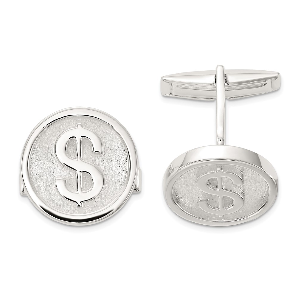 Sterling Silver Polished Round Dollar Sign Cuff Links (QQ643)