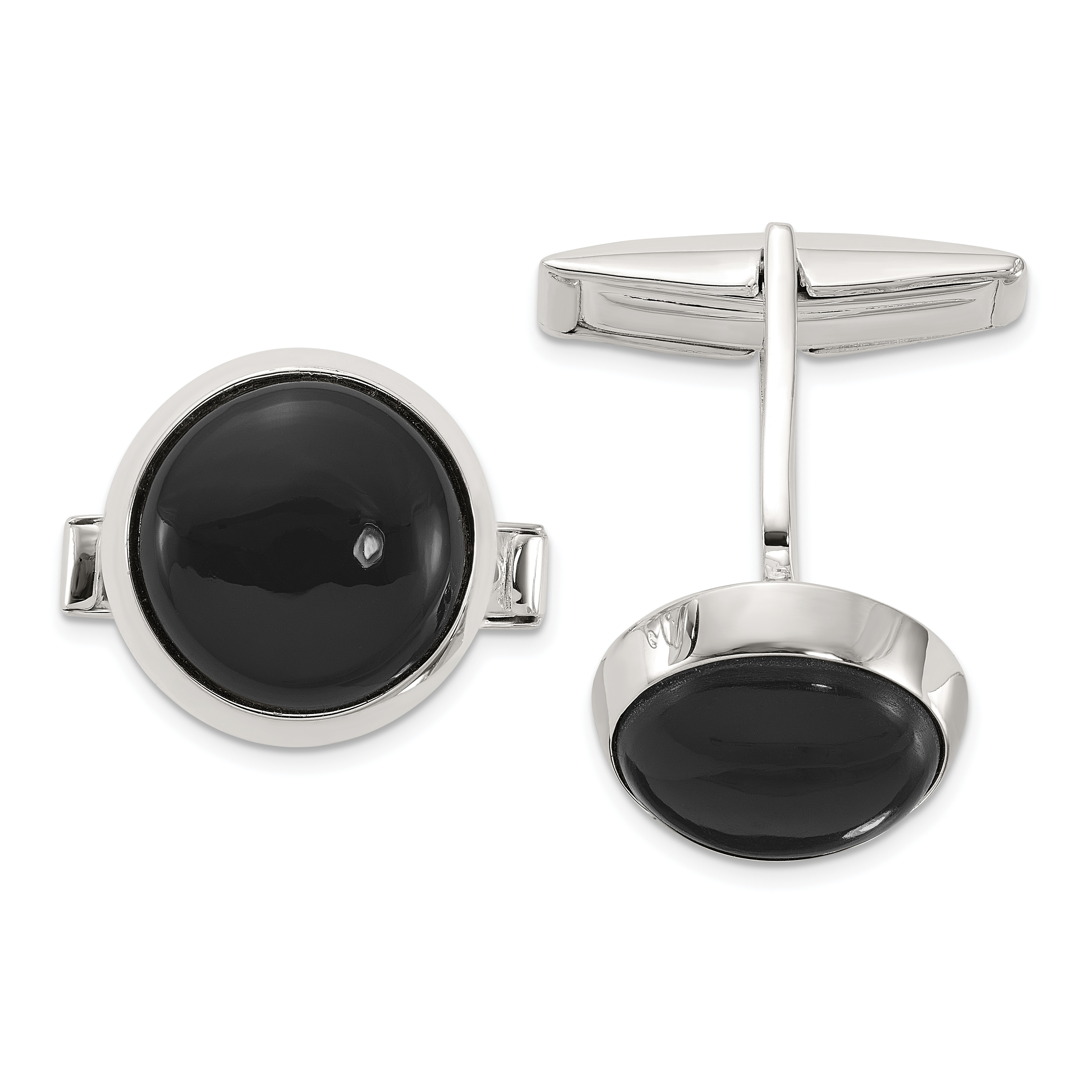 Sterling Silver Polished Round Onyx Cuff Links (QQ645)
